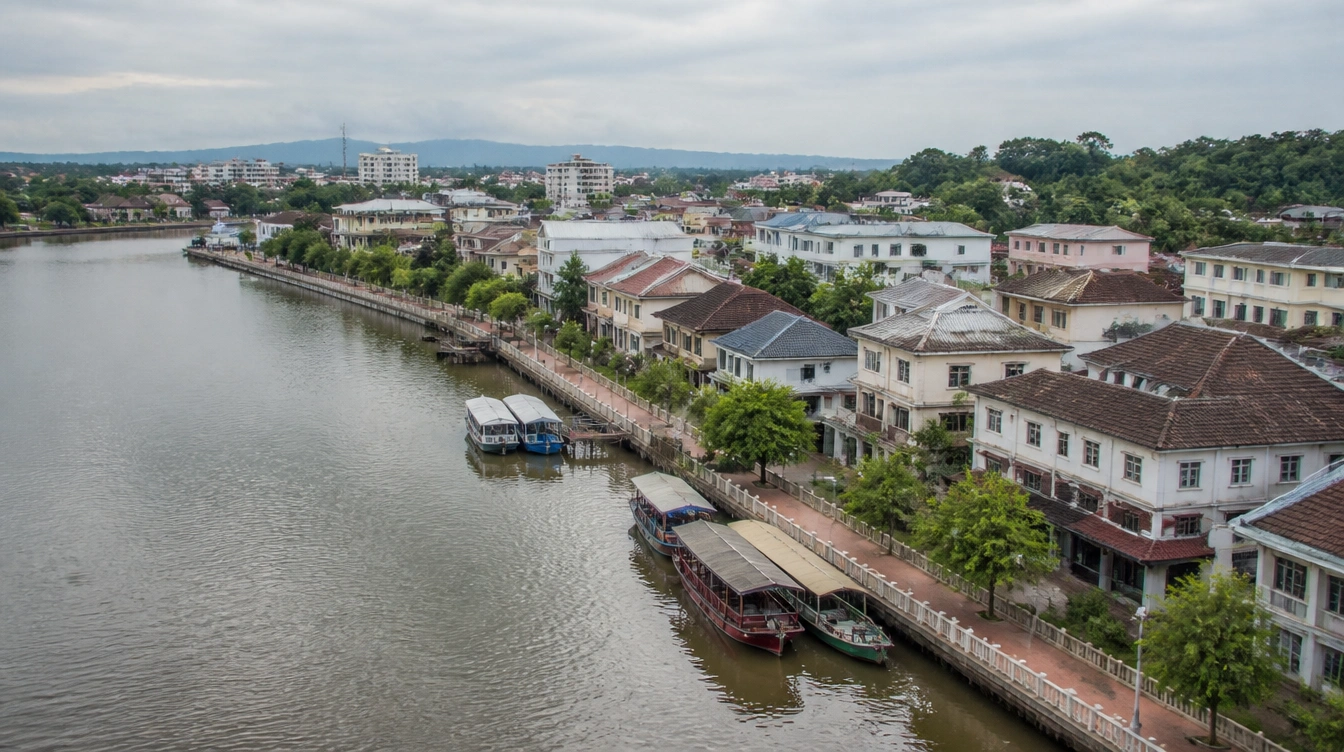 An overview of the Kuching city centre in Sarawak with the waterfront and the river beyond