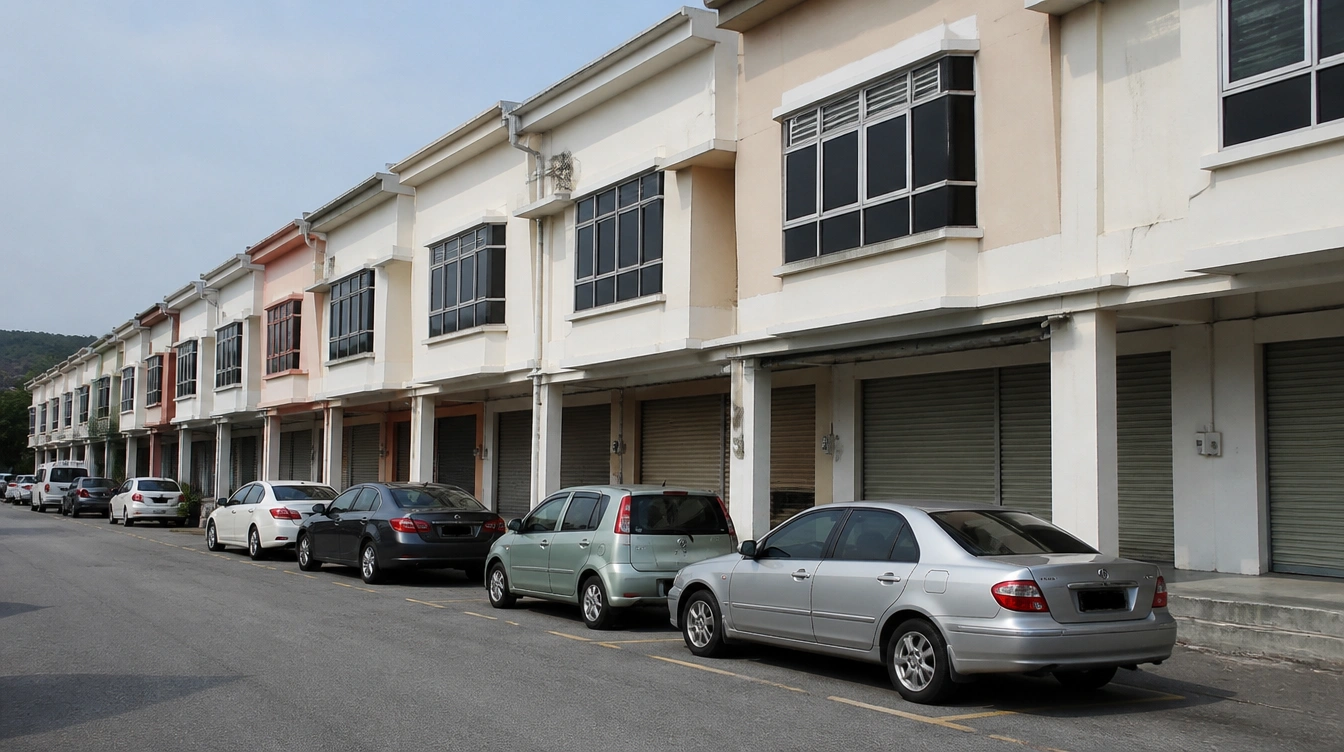 An overview of the Jalan Song shoplot rows in Kuching with cars parked along the front