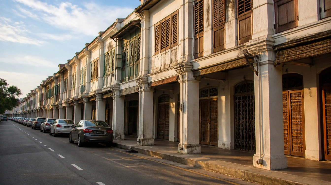 An overview of the Padungan shophouse row in Kuching with its five-foot walkways