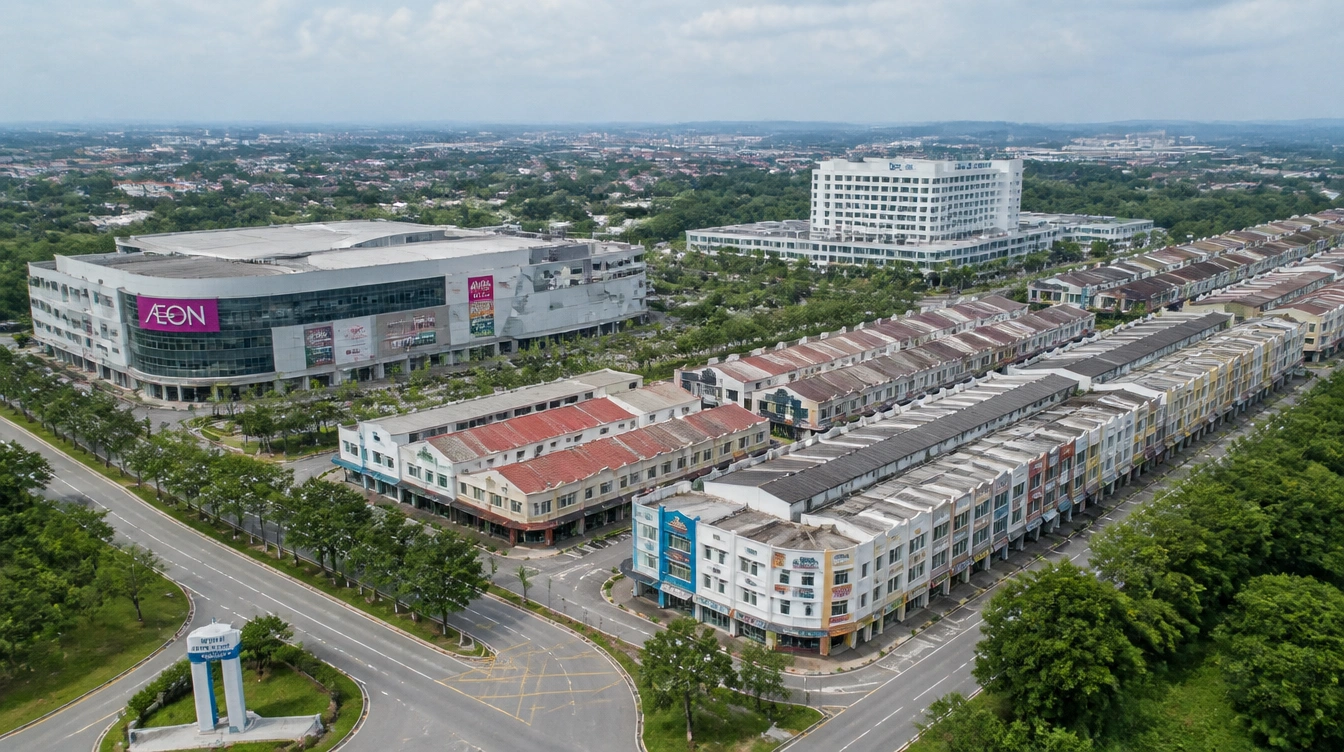 An overview of Bandar Bukit Tinggi in Klang with the shopping mall, hospital and rows of shop-offices