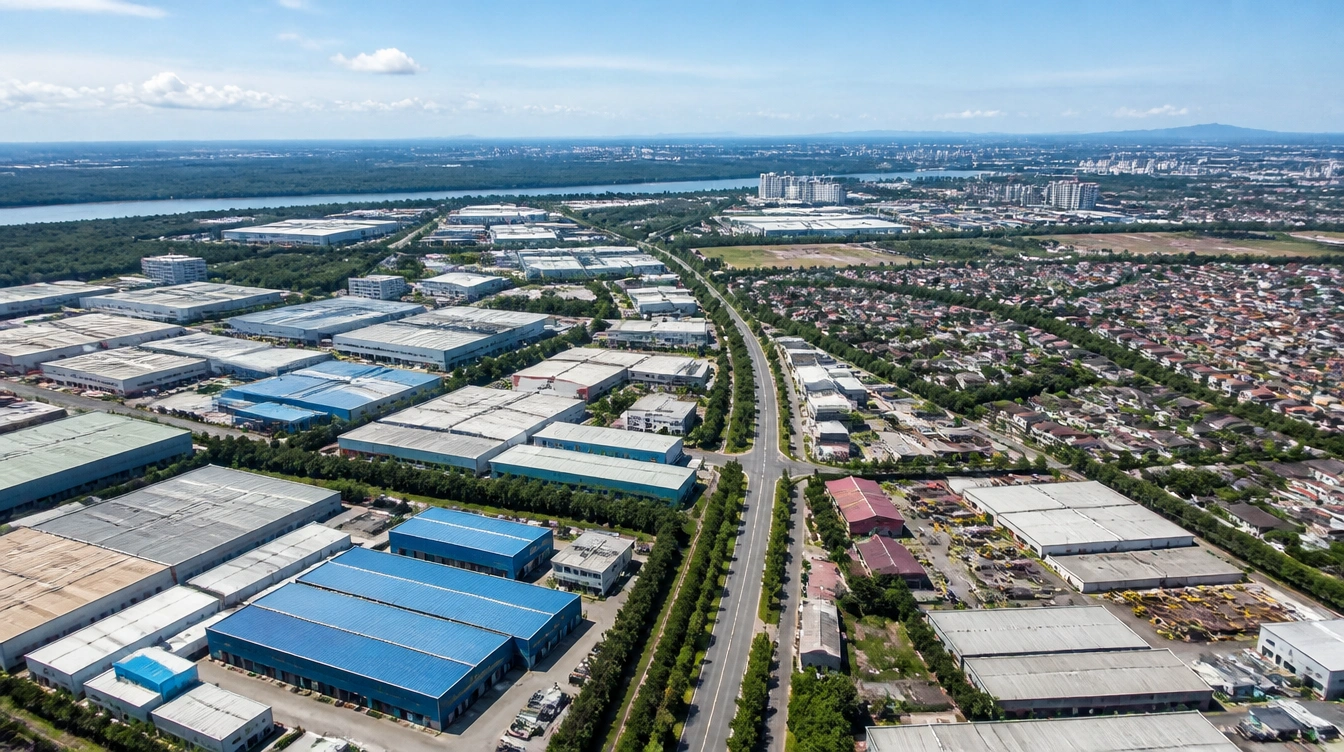 An overview of Kapar north of Klang with the industrial estate along the trunk road and housing beyond