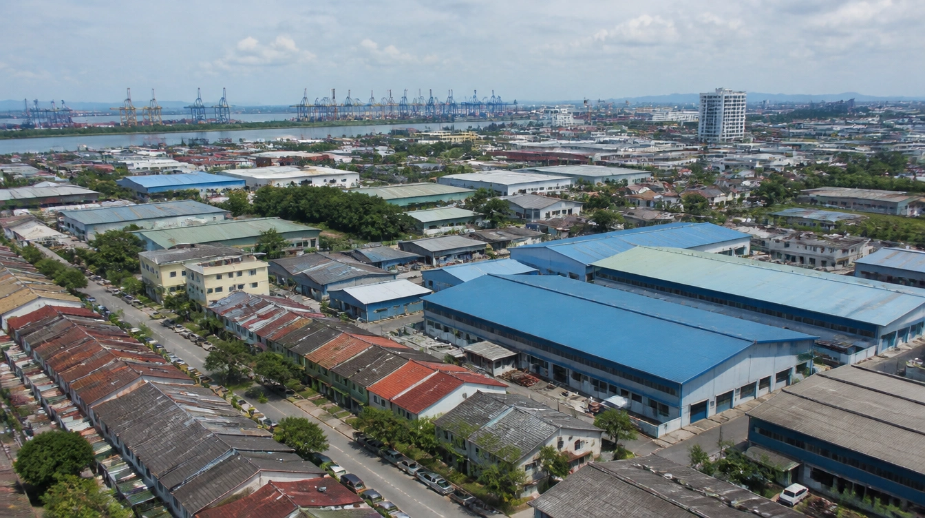 An overview of Pandamaran in Klang with factory units, workshops and housing between the port and the town