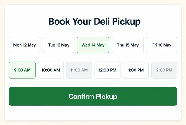 The booking step of a delicatessen landing page with day buttons and six time slots