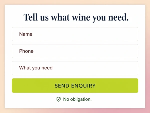 The enquiry section of a wine merchant landing page with a three field form and one button