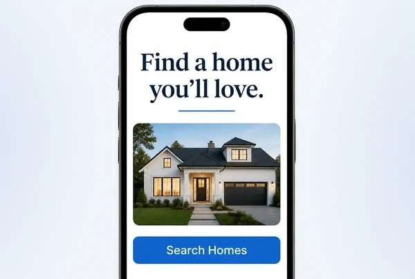 A real estate landing page shown at phone width with a large headline and one button
