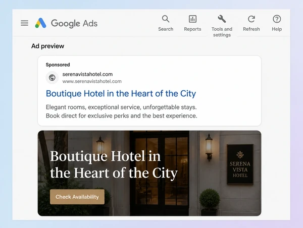 A Google Ads advert preview above a boutique hotel page carrying the same headline