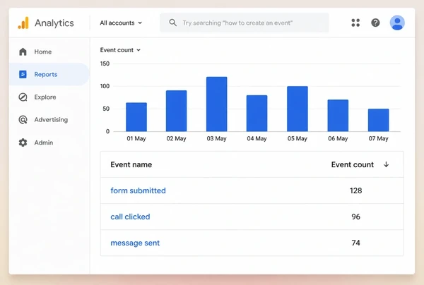 A Google Analytics events report for a chocolate maker page with three tracked conversions