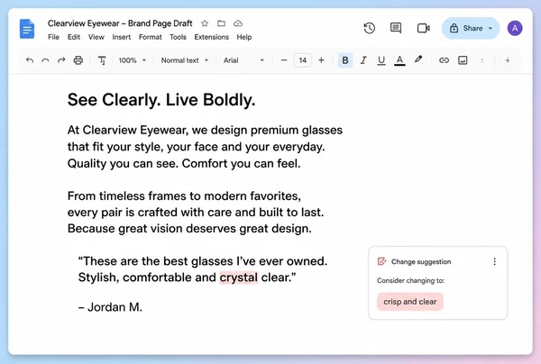 A Google Docs draft of eyewear brand page copy with two paragraphs and a quoted customer line