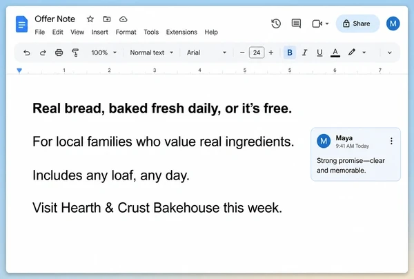 A Google Docs note holding the campaign promise for an artisan bakery in four short lines