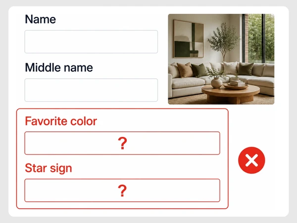 Halden Interiors' inquiry form highlights unnecessary middle name, favorite color, and star sign fields in red.
