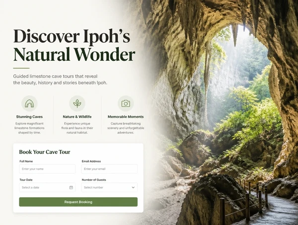 A limestone cave tour landing page with one headline, three highlights and a short booking form