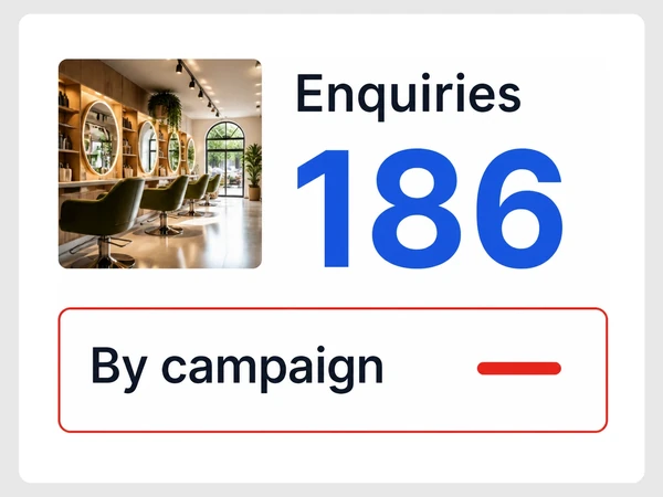 Ivy & Oak Salon reports 186 inquiries while the campaign breakdown remains a red dash.