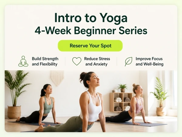 A yoga studio landing page with no menu, one headline, three benefit lines and one button