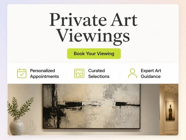 An art gallery landing page with no menu, one headline, three benefit lines and one button