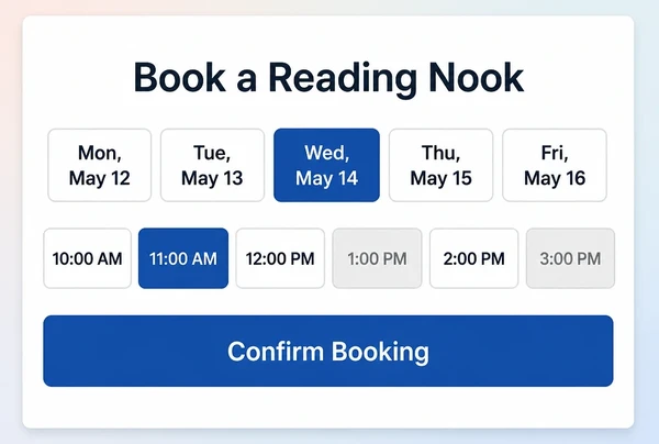 The booking step of a bookshop landing page with day buttons and six time slots