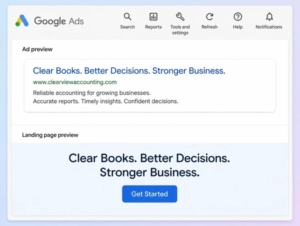 A Google Ads advert preview above an accountancy practice page carrying the same headline
