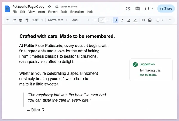 A Google Docs draft of patisserie page copy with two paragraphs and a quoted customer line