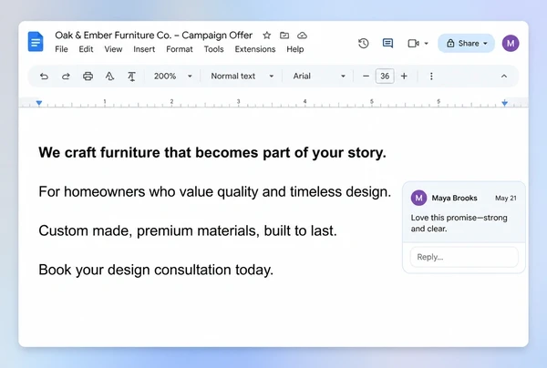 A Google Docs note holding the campaign promise for a furniture maker in four short lines