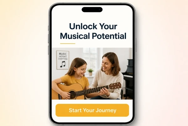 A music school landing page shown at phone width with a large headline and one button