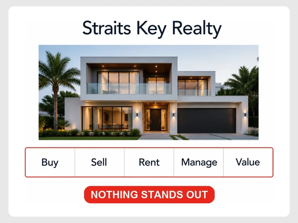 Straits Key Realty shows five equal Buy, Sell, Rent, Manage, and Value tiles under Nothing stands out.