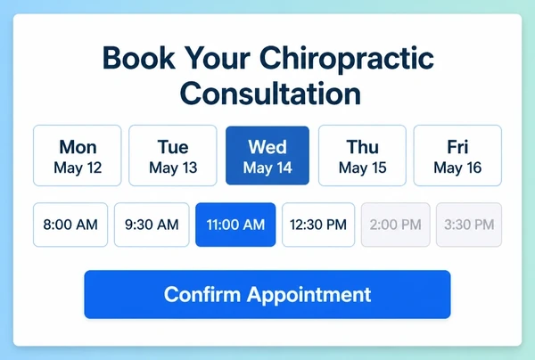 The booking step of a chiropractic clinic landing page with day buttons and six time slots