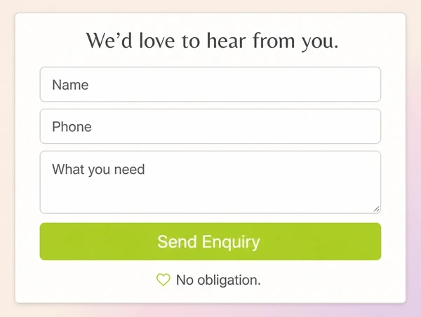 The enquiry section of a ceramics studio landing page with a three field form and one button