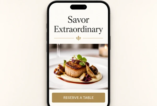 A fine dining restaurant landing page shown at phone width with a large headline and one button