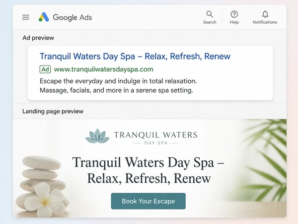 A Google Ads advert preview above a day spa page carrying the same headline