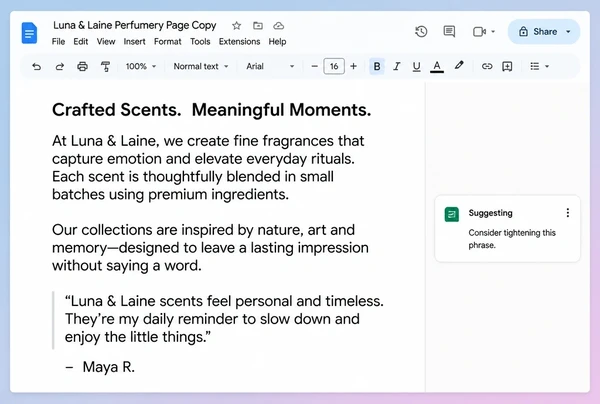 A Google Docs draft of perfumery page copy with two paragraphs and a quoted customer line