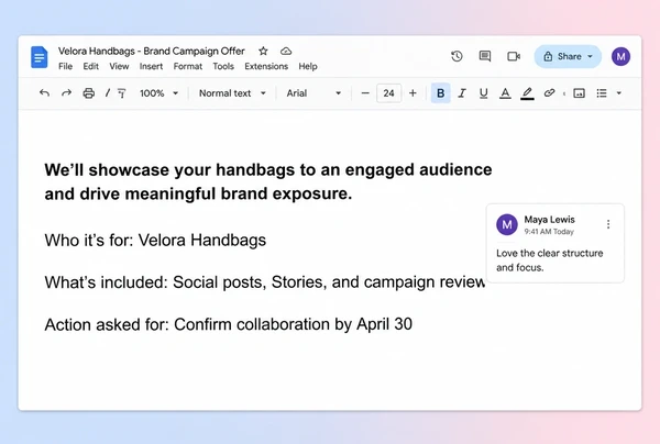 A Google Docs note holding the campaign promise for a handbag brand in four short lines