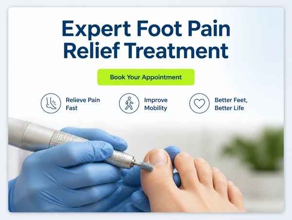 A podiatry practice landing page with no menu, one headline, three benefit lines and one button