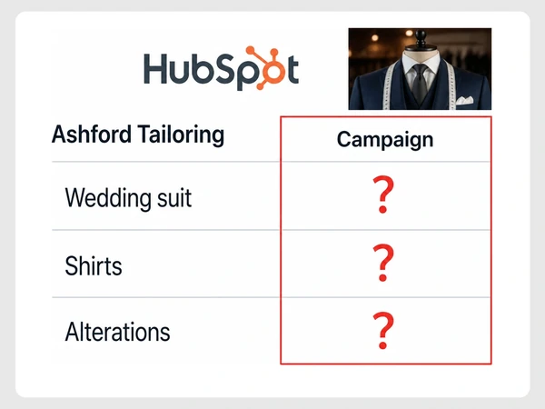 Ashford Tailoring HubSpot table shows question marks for the campaigns behind three inquiry types.