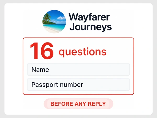 Wayfarer Journeys inquiry form asks 16 questions, including Name and Passport number, before any reply.