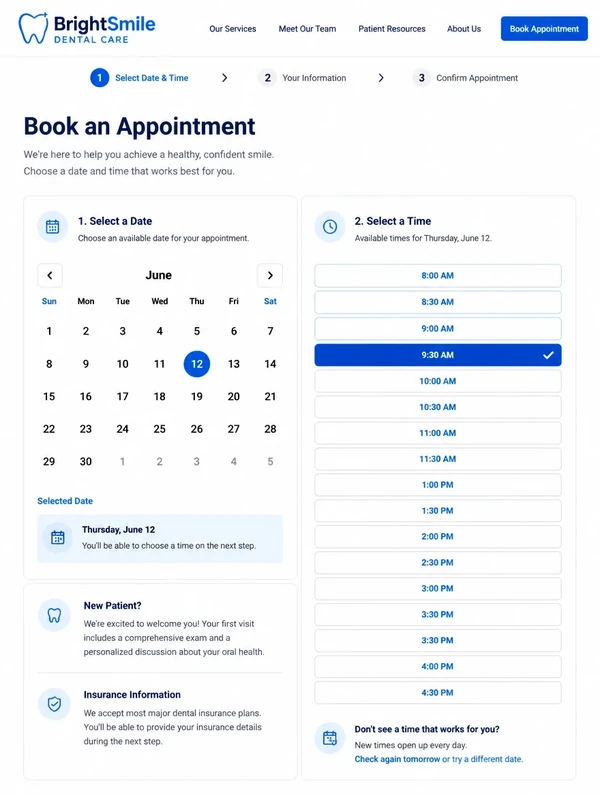 A booking page with a calendar and a column of time slots, one slot selected