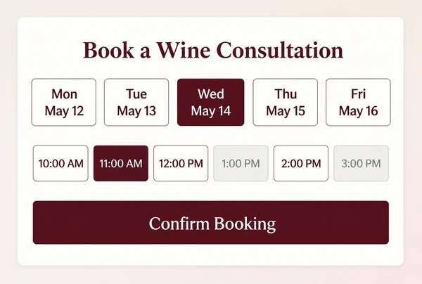 The booking step of a wine merchant landing page with day buttons and six time slots