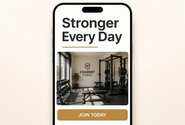 A boutique gym landing page shown at phone width with a large headline and one button