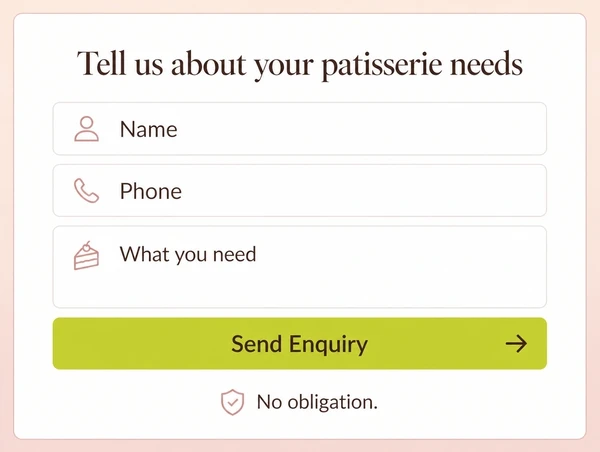 The enquiry section of a patisserie landing page with a three field form and one button