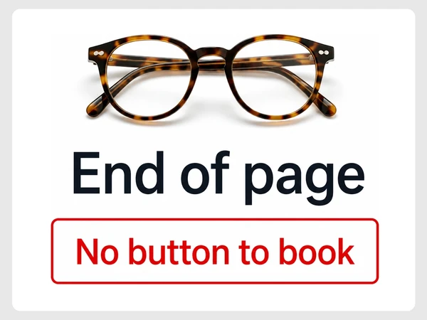 Frame & Lens ends its landing page with End of page and a red No button to book label.