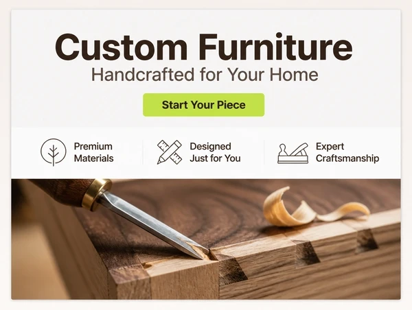 A furniture maker landing page with no menu, one headline, three benefit lines and one button
