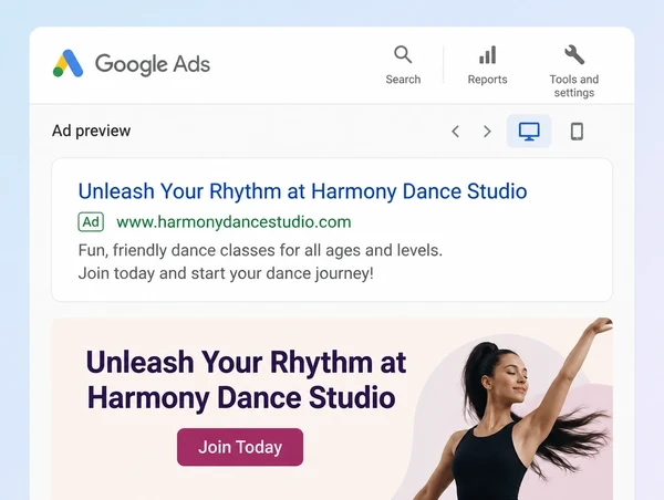 A Google Ads advert preview above a dance studio page carrying the same headline