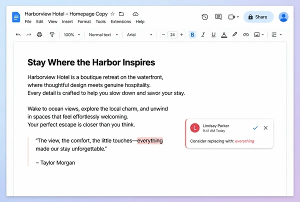 A Google Docs draft of boutique hotel page copy with two paragraphs and a quoted customer line