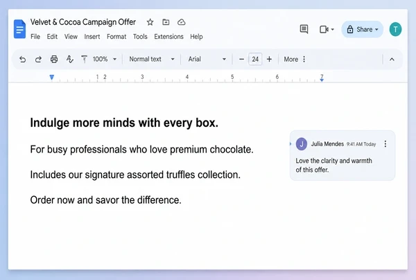 A Google Docs note holding the campaign promise for a chocolate maker in four short lines