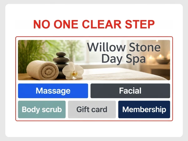 Willow Stone Day Spa shows five equal buttons for Massage, Facial, Body scrub, Gift card, and Membership.