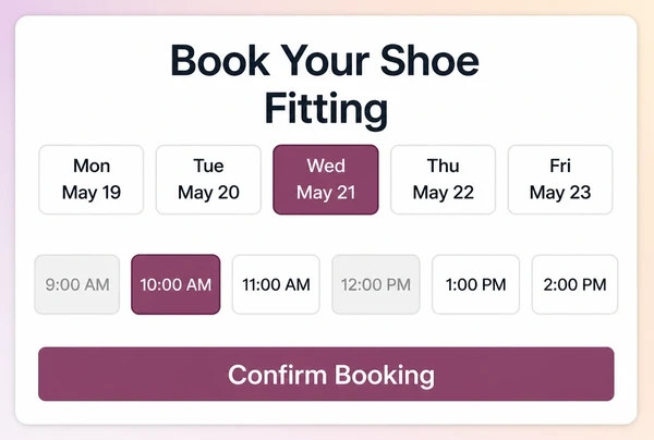 The booking step of a shoe boutique landing page with day buttons and six time slots
