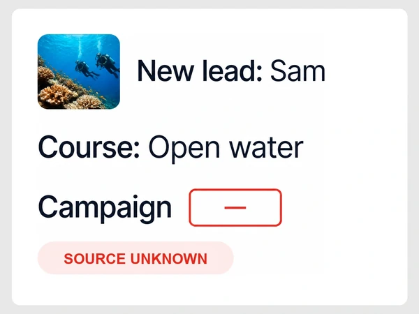 Coral Reach Dive Resort shows Sam's Open water lead with a red dash for Campaign.