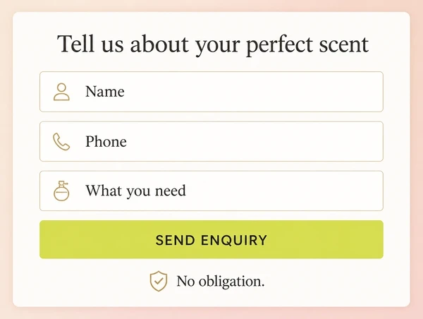 The enquiry section of a perfumery landing page with a three field form and one button