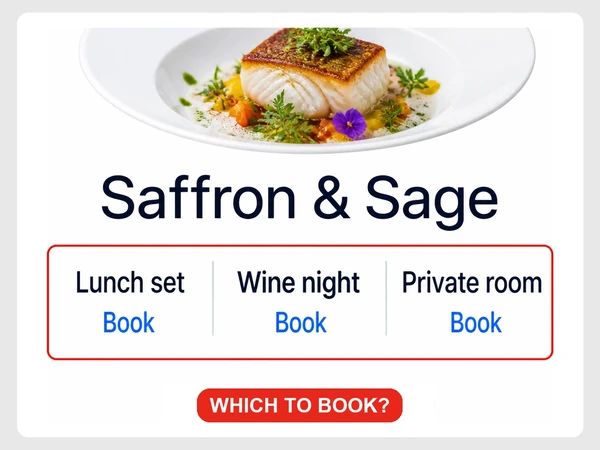 Saffron & Sage shows equal Lunch set, Wine night, and Private room banners with separate Book buttons.