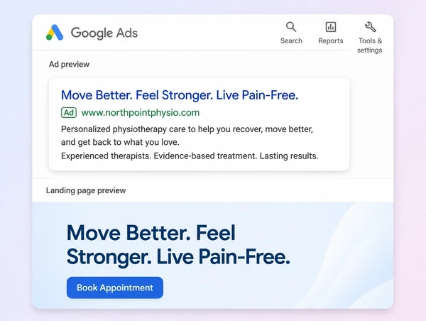 A Google Ads advert preview above a physiotherapy practice page carrying the same headline