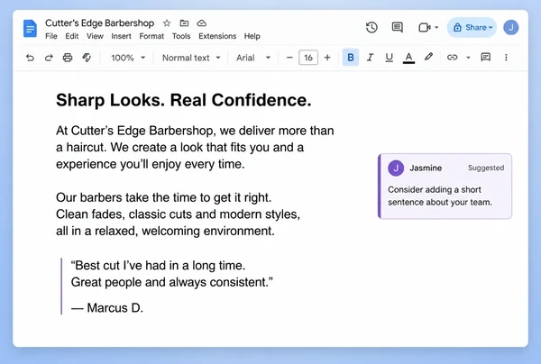 A Google Docs draft of barber shop page copy with two paragraphs and a quoted customer line