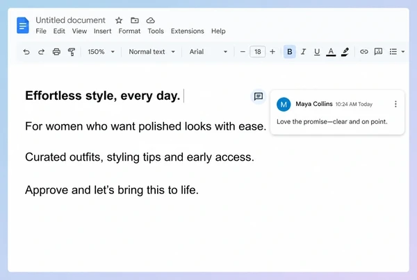 A Google Docs note holding the campaign promise for a fashion boutique in four short lines